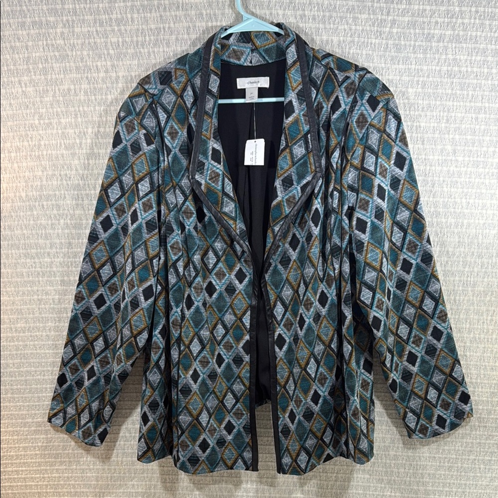 CJ Banks Blue and Gold Diamond Pattern Blazer